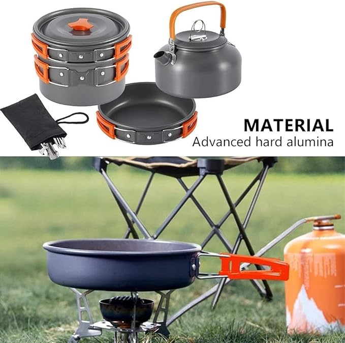 Camping Cookware Kit Outdoor Aluminum Cooking Set Water Kettle Pan Pot Travelling Hiking Picnic BBQ Tableware Equipment (Color : A)