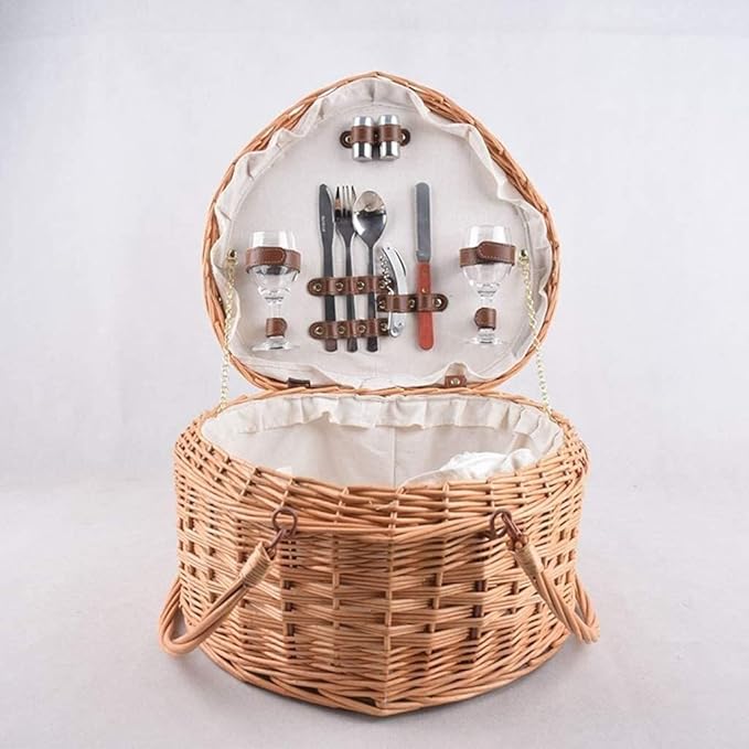 Heart-Shaped Wicker Picnic Basket for 2 with Lid & Foldable Handles, Includes Ceramic Tableware Set, 40x35x22cm, Ideal for Romantic Picnics, Camping, and Outdoor Parties