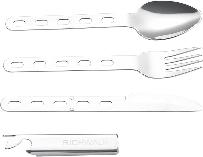 4-in-1 Camping Spoon Fork Knife Combos Set of 4 - Portable Stainless Steel Flatware Spoon Fork kit - forks Knife & Bottle Opener Combo Pack for Picnic Hiking Travel