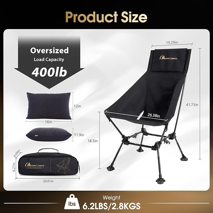MOON LENCE Oversized High Back Camping Chair with Pillow for Adults, Height Adjustable Folding Chair with 400 lbs Capacity, Hidden Pillow Pocket & Wide Seat for Camping, Fishing, Base Camp, Black