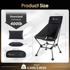 MOON LENCE Oversized High Back Camping Chair with Pillow for Adults, Height Adjustable Folding Chair with 400 lbs Capacity, Hidden Pillow Pocket & Wide Seat for Camping, Fishing, Base Camp, Black