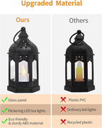 SHYMERY Mini Lantern with Flickering LED Candles,Vintage Black Decorative Hanging Candle Lanterns for Halloween,Wedding Decorations,Christmas,Table Centerpiece,Battery Included（Set of 6）