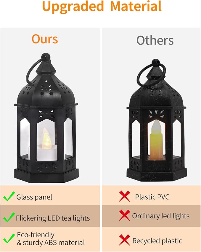 SHYMERY Mini Lantern with Flickering LED Candles,Vintage Black Decorative Hanging Candle Lanterns for Halloween,Wedding Decorations,Christmas,Table Centerpiece,Battery Included（Set of 6）