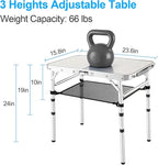 Small Folding Camping Table, 2ft Portable Table with 3 Adjustable Heights, Aluminum Lightweight Foldable Picnic Table with Mesh Layer and Extension Legs for RV, BBQ and Indoor (Silver)