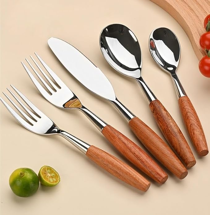 Silverware Flatware Cutlery Set， 5/20/30/40pcs Wooden Handle Mirror 304 Stainless Steel Knife， Fork and Spoon Thickened Rosewood Tableware，Silver-40 Pieces for 8