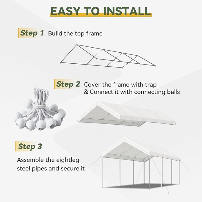 Aoxun 10x20 FT Carport Heavy Duty Car Canopy with Tarp & Wind Resistance Portable Garage Car Tent Outdoor Car Port with Tear Resistant Canopy, No Sidewall - Milky White