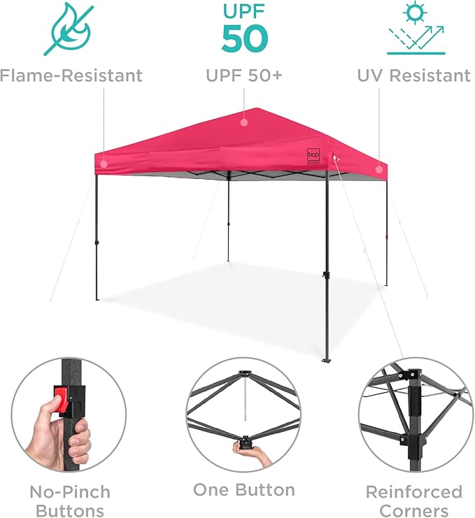 Best Choice Products 10x10ft Pop Up Canopy Tent, Outdoor Shade, 1 Person 1 Minute Set Up, Carry Case, 4 Weight Bags - Hot Pink