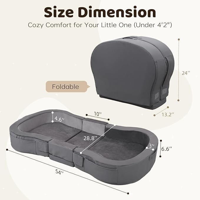 ENITYA Portable Toddler Bed for Travel, Foldable Floor Cot for Sleeping with Washable Cover, Kids Travel Bed for Camping & Home, Easy to Use, for Toddlers 18M–4Y, Dark Grey