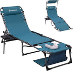 FUNDANGO 4 in 1 Tanning Chair with Face Hole & Canopy Shade, 400lbs Beach Lounge Chair with Side Table Chaise Lounge Chairs for Patio, Pool, Lawn, Sunbathing, 5-Position Adjustable Sun Lounger,Cyan
