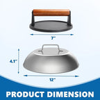SafBbcue Round Cast Iron Smash Burger Grill Weight Press Tool & Griddle Steamer Melting Dome 12" Round Stainless Steel Basting Cover for Blackstone Griddle, Griddle Food Cover Dome for Flat Top Grills