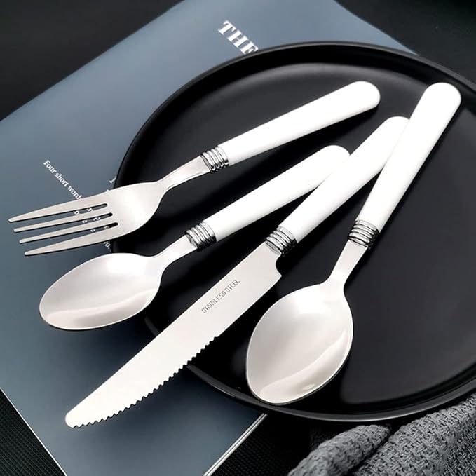 White Silverware Set for 10 Durable Stainless Steel Flatware Set 40 Piece Cutlery Tableware Utensils White Handle (ABS) Set Include Teaspoons Knives Forks and Spoons for Home Kitchen Christmas