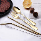 Portable Stainless Steel Flatware Set, Travel Camping Cutlery Set, Portable Utensil Travel Silverware Dinnerware Set with a Waterproof Case (Gold)