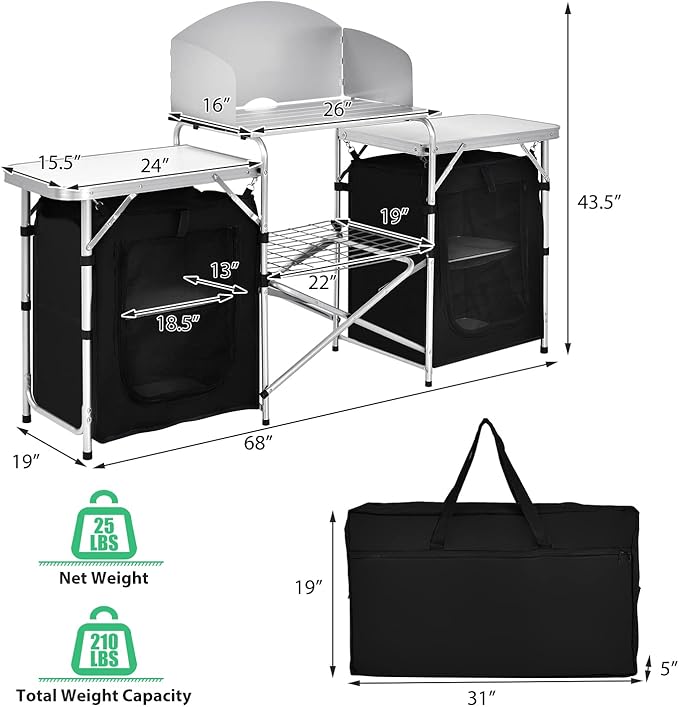 GYMAX Folding Camping Table, Portable Kitchen Table with 2 Zipper Organizer Shelf & Wind Screen, Foldable Cooking Table for Camping Hiking Picnic BBQ (Black)