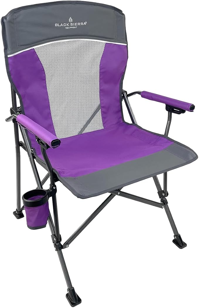 Black Sierra Camping Chair – Folding Portable Lawn & Beach Chair with Padded Hard Armrest, Mesh Vented Back, Spacious, Cup Holder, Carry Bag – Supports 300 lbs for Sports