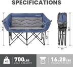 Oversized Double Camping Chair for Adults - Heavy Duty Folding Loveseat Support 700 lbs, Extra Wide 2 Person Camping Couch with Thick Padding, Cup Holders & Storage Bag, Blue