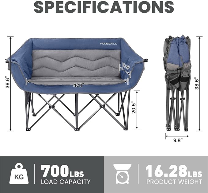 Oversized Double Camping Chair for Adults - Heavy Duty Folding Loveseat Support 700 lbs, Extra Wide 2 Person Camping Couch with Thick Padding, Cup Holders & Storage Bag, Blue
