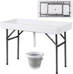 Giantex 4 FT Folding Ice Cooler Table with Drain & Bucket, Removable Skirt, No Assembly, Portable Fill and Chill Table for Food Drink Beverage, Foldable Party Ice Bin for Camping BBQ, White