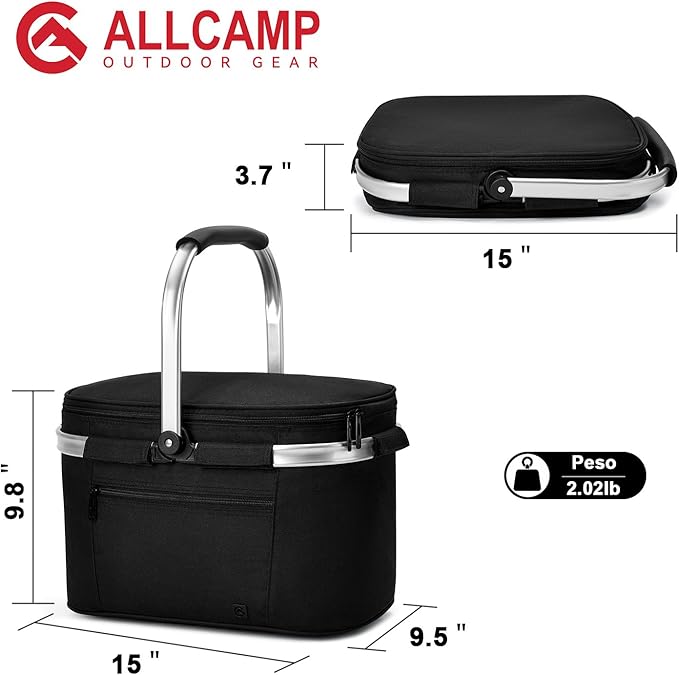 ALLCAMP Picnic Basket - Insulated Cooler, Thickening Foldable Picnic Basket with Removable Baskets & Sewn-in Frame, Basket for House Warming Gifts New Home(Jet Black)