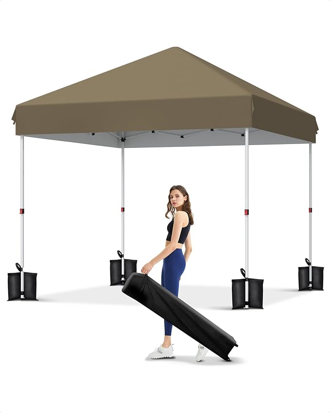 GarveeLife 10x10 Pop Up Canopy with One Button Push Setup - Heavy Duty Outdoor Canopy Tent with Portable Roller Bag - 3 Adjustable Height, 4 Weight Bags, 8 Stakes & 4 Guy Ropes Included, Khaki
