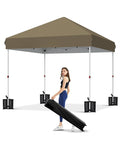 GarveeLife 10x10 Pop Up Canopy with One Button Push Setup - Heavy Duty Outdoor Canopy Tent with Portable Roller Bag - 3 Adjustable Height, 4 Weight Bags, 8 Stakes & 4 Guy Ropes Included, Khaki