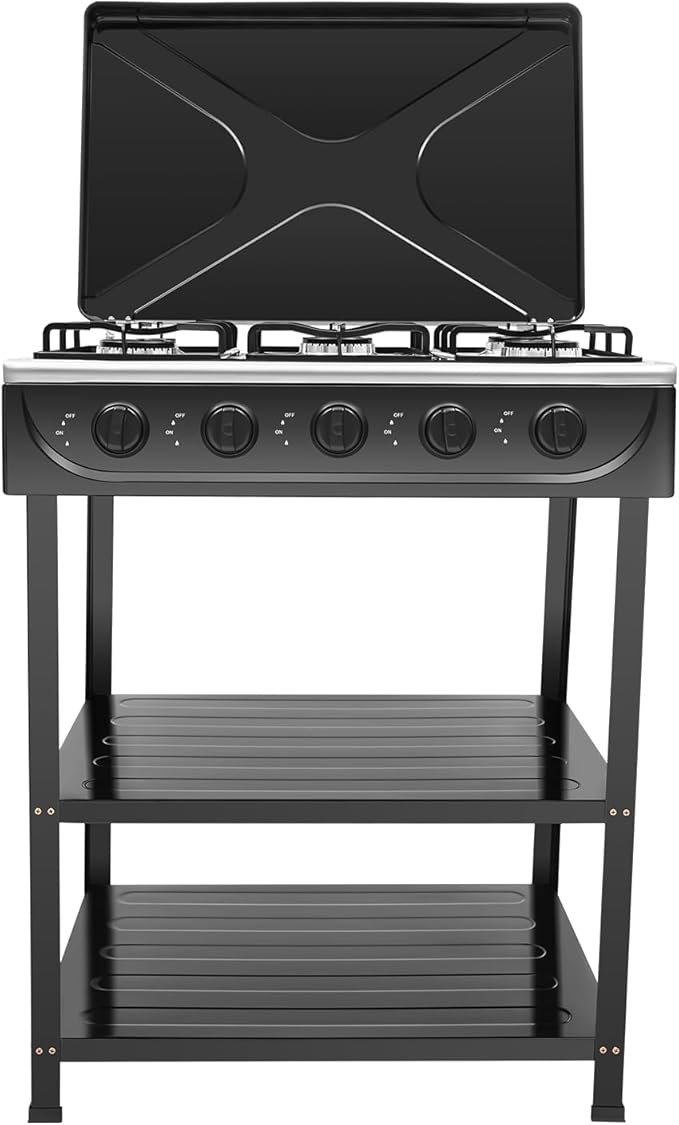 Gas Stove 5 Burner, 2500W Portable Natural Gas Stove Outdoor Camping BBQ Stove Gas Cooker with Independent Control and 2 Tier Storage Rack for Camping Picnic Home RV Cooking (Black)