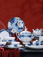 Enamel Watercolor Floral Tableware, 45 Bone China Tableware Set, 10-person Chinese Tableware, Light Luxury Bowl And Plate Set, Camping Outdoor Tableware