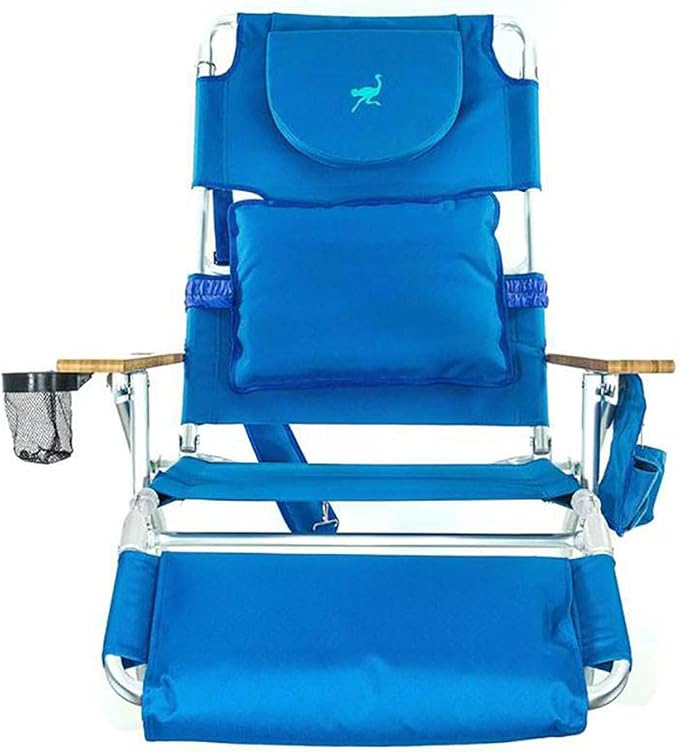Ostrich Deluxe Padded 3-N-1 Lightweight Portable Adjustable Outdoor Folding Chair for Lawn Beach Lake Camping Lounge with Footrest, Blue (4 Pack)
