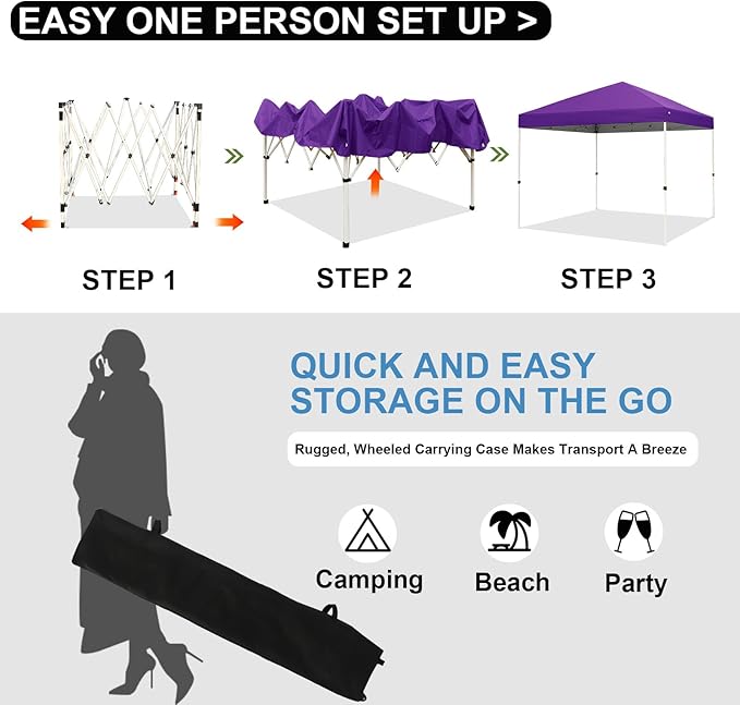 Northroad 10x10ft Pop Up Canopy, Popup Outdoor Canopy Tent with Wheeled Carrying Bag,Portable Gazebo Shelter for Patio,Deck,Garden,Beach（Purple）