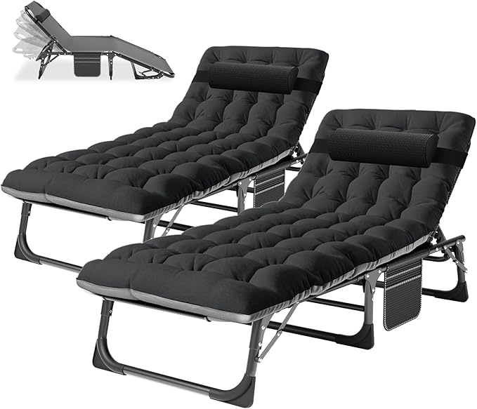 Barbella Folding Lounge Chair with Mattress, 4 Position Adjustable Folding Sleeping Bed Cot Patio Chaise Lounge Chairs Perfect for Sunbathing, Camping, Pool, Beach, Patio