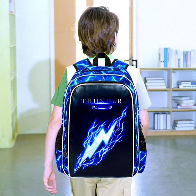 17" Backpack for Boy, 3Pcs Lightning Bookbag for Elementary Preschool Kindergarten, Kids School Backpacks with Lunch Box (Blue)