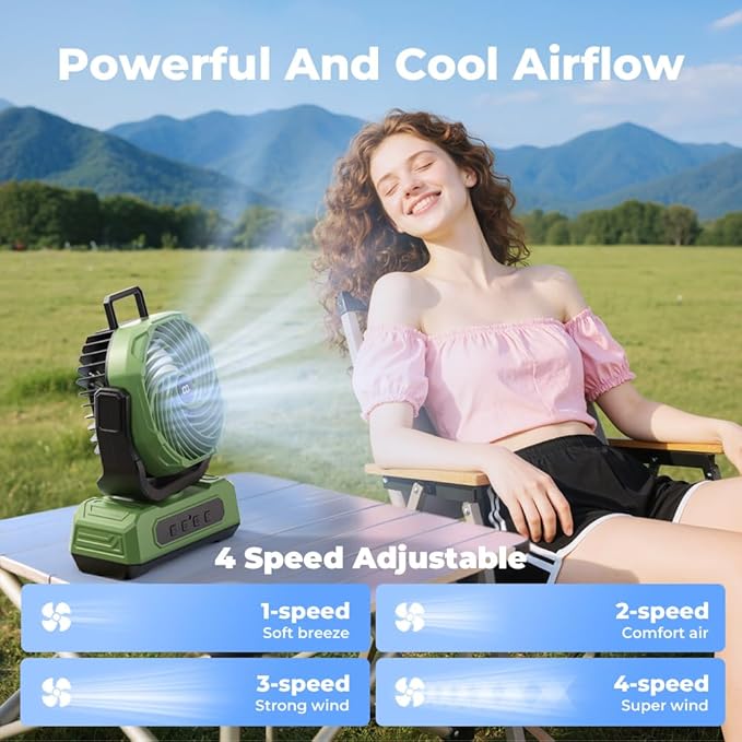 30000mAh Portable Camping Fan with RGB Lantern, Rechargeable Battery Powered Oscillating 4 Wind Speeds LED Display, Remote Control Timer Tent Beach Cordless USB Fans for Travel Home Outdoor, Green