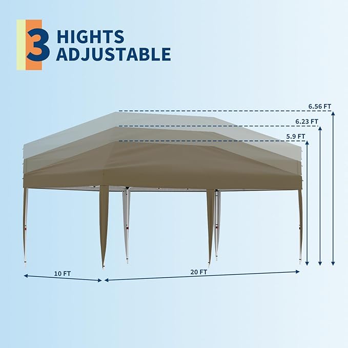 10x20 Pop Up Canopy - Easy Up Camping Tent with One Roller Bag, 3 Adjustable Height, 4 Weight Bags for Deck, Garden, Sports, Beach, Party - Tan