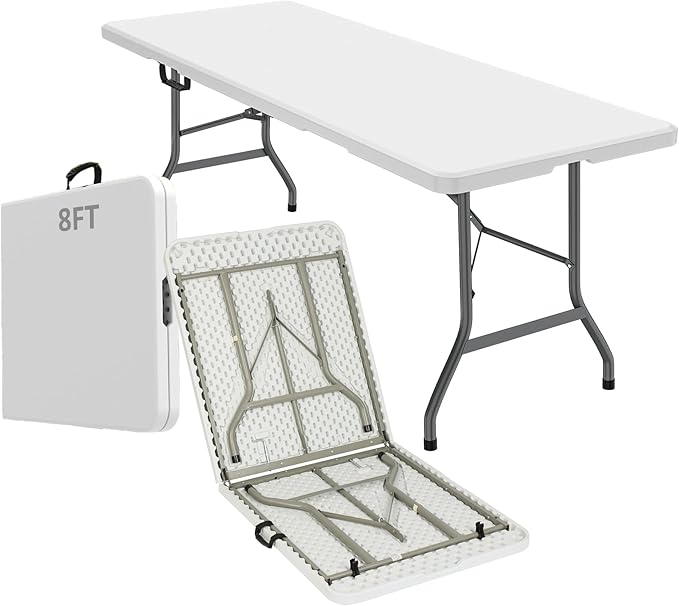 8ft Heavy Duty Portable Folding Table - Plastic Dining Table Indoor/Outdoor White Plastic Table for Parties, BBQs, and Camping