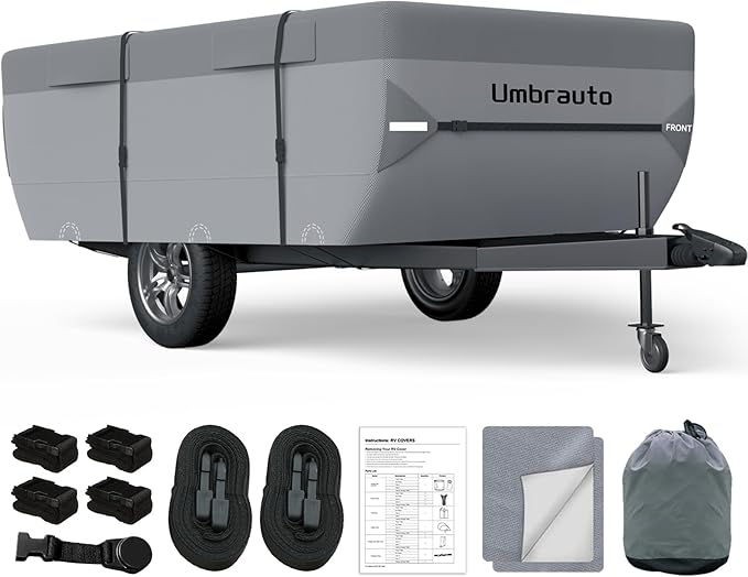 Umbrauto Pop Up Folding Camper Cover Fits 12'-14', Upgraded 7 Layers Top Tent Trailer Cover Waterproof Extra Thick Polypropylene Breathable Ripstop Pop Up Folding Trailer Cover