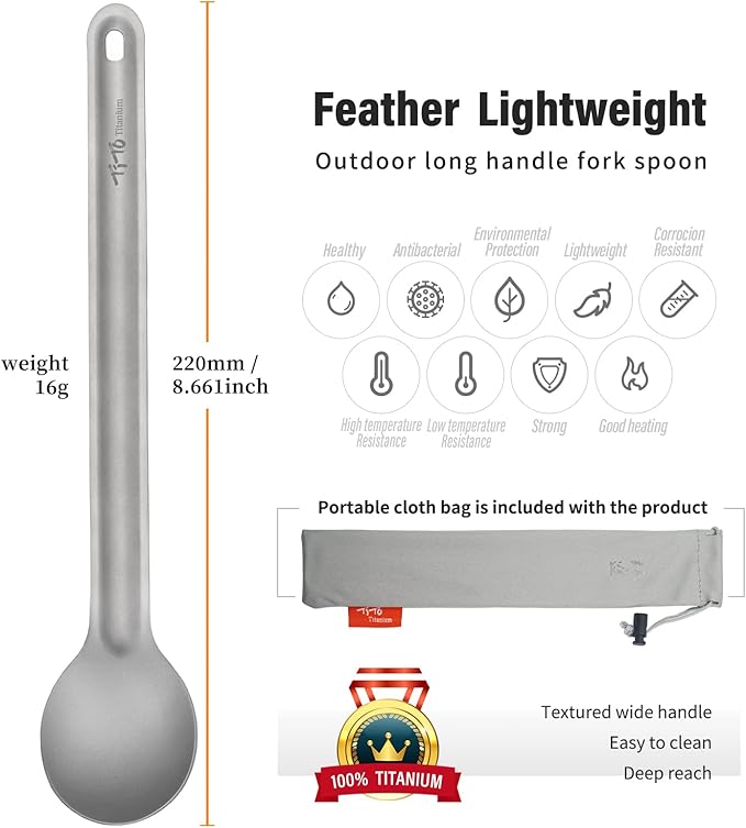 TiTo Titanium Long Handle Spork and Spoon Eco-Friendly Ultralight Portabale Flatware for Outdoor Camping Backpacking Hiking Travel Picnic Tableware with Bag (2Pcs Sandblasting)