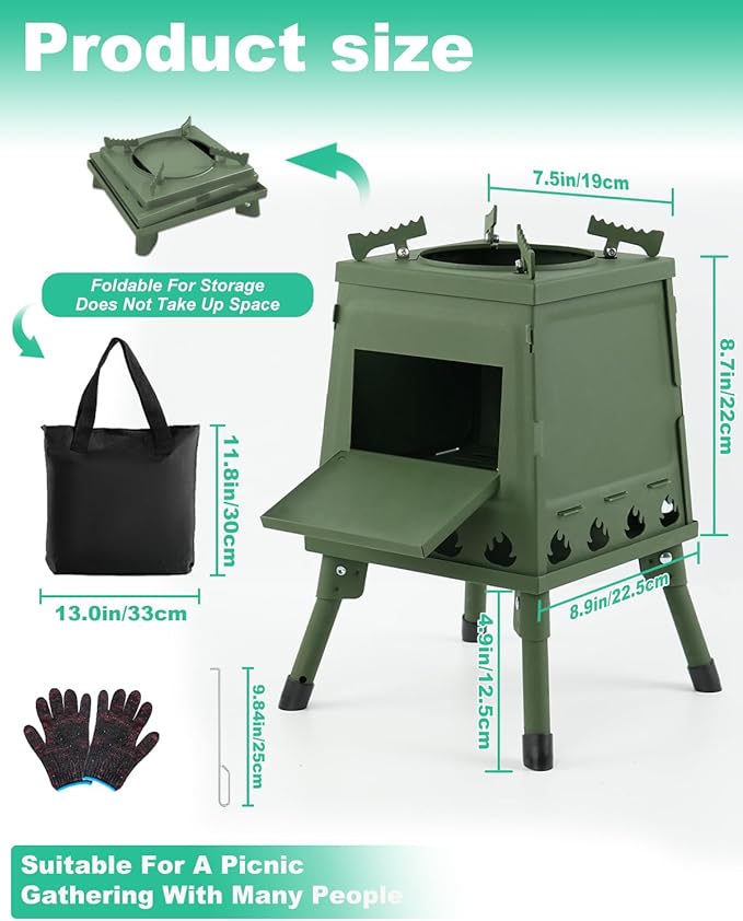 Portable Wood Burning Stove - Lightweight Cast Iron Camp Stove for Backpacking，Portable and Easy-To-Assemble Backpacking Camping Stove Kit (Green, Small)
