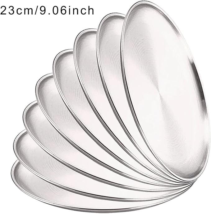 Stainless Steel Plates 8Pcs Metal Dining Dish Stainless Steel Round Plate Shallow Tray BBQ Picnic Camping Food Container Tableware Set(23cm Silver)