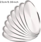 Stainless Steel Plates 8Pcs Metal Dining Dish Stainless Steel Round Plate Shallow Tray BBQ Picnic Camping Food Container Tableware Set(23cm Silver)