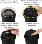 Funkrin Coffee Travel Mug with Straw & Flip Lid, 16oz Insulated Tumbler Cup with Ceramic Coating, Double Wall Vacuum Leak-Proof Mug for Office School Party Camping