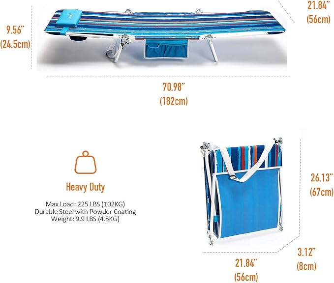 daystar SunnyFeel Beach Lounge Chair, Reclining Beach Chairs, 180-degree & Lay Flat, Portable Folding Camping Chairs with Padded Comfy Pillow for Camp/Lawn/Outdoor/Travel/Picnic, Beach Camping Cot