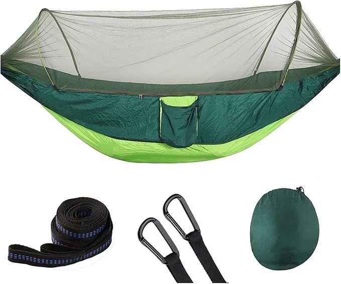 Compatible For Camping Hammock With Mosquito Net Pop-Up Light Portable Outdoor Parachute Hammocks Swing Sleeping Hammock Camping Stuff(Light green and gree)