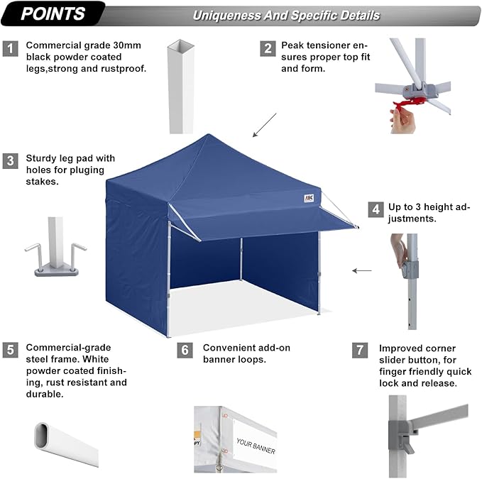 ABCCANOPY 10x10 Pop up Canopy Tent with Sidewalls - Easy up Canopies with Awning, Outdoor Tents for Parties, Market, Commercial Events, Navy Blue
