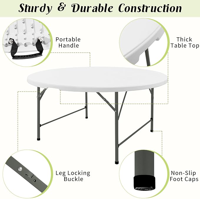 Fivenl 5 FT Round Folding Tables White Foldable Table, Fold-in-Half with Carrying Handle Portable Plastic Table for Party, Dining, Wedding, Camping, Picnic, Indoor Outdoor Events