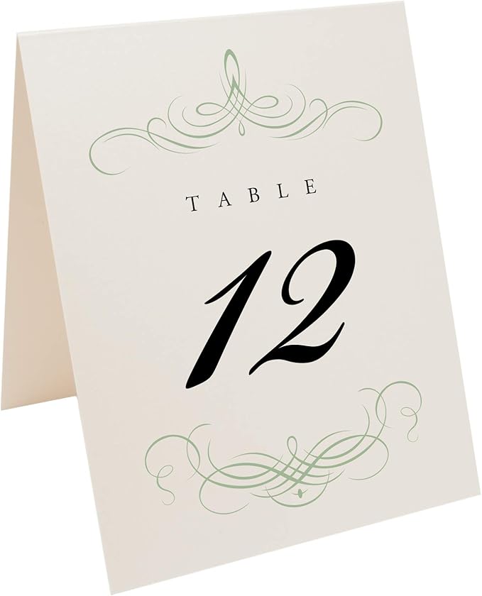 Decadent Flourish Wedding Table Numbers (Select Color/Quantity), Champagne, Sage, 1-200, Double Sided, Tent or Use in a Stand, Great for Parties & Restaurants - Made in the USA