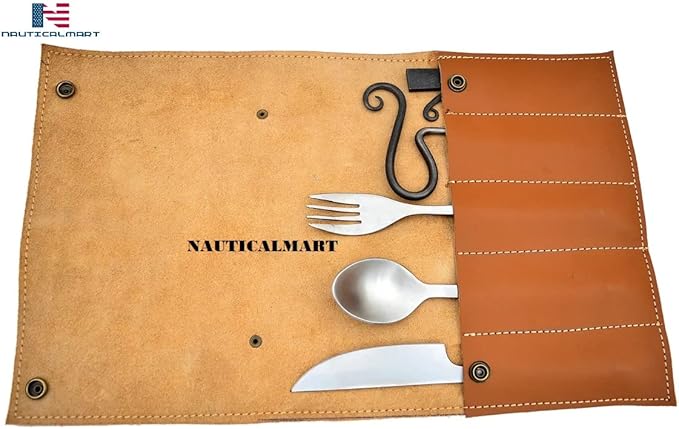 Nautical-Mart Medieval Five-Piece Cutlery Set (Hand Forged Dinning Set, Carbon Steel, 5 Pieces, Knife, Fork, Spoon, Bottle Opener, Fire Striker Steel, Leather Pouch)