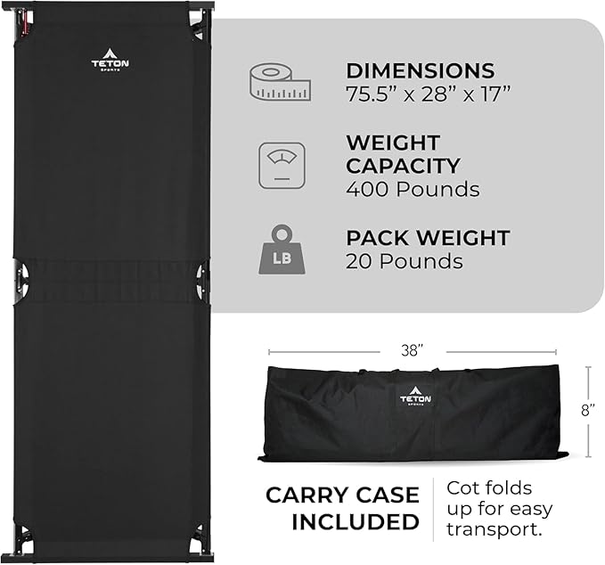 Teton Outfitter Camping Cot, Heavy-Duty Oversized Folding Cot for Adults, Comfortable Elevated Sleeping Bed, Easy Setup