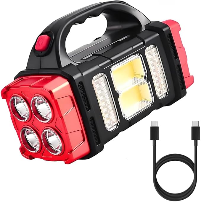 High Lumens Solar Flashlight - LED Work Light with USB-C Rechargeable, Waterproof, Multi-Function Flashlight & Lantern for Camping, Emergencies, and Outdoor(RED)