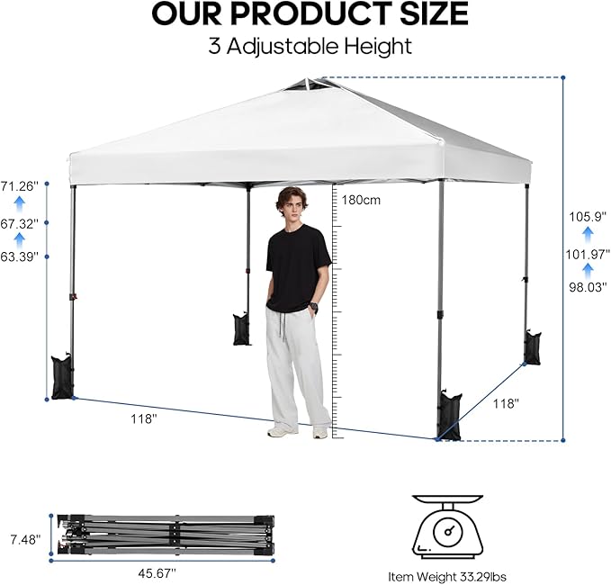 10x10 FT Pop Up Canopy, Easy Up Canopy Tent for Outdoor Patio, Backyard Parties Camping & Beach, Heavy Duty Instant Canopies with 1-Button Setup, 3 Adjustable Heights, UPF 50+ & Wheeled Bag