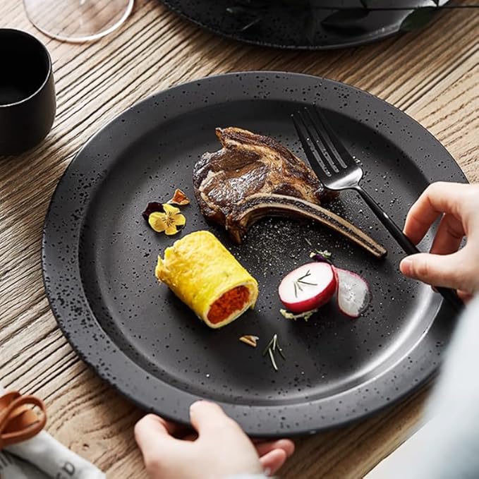 Camping Plates Japanese Style Black Breakfast Tableware Creative Set Bowls and Plates Home Steak Western Flat Salad Decorative Plate(7PCS)