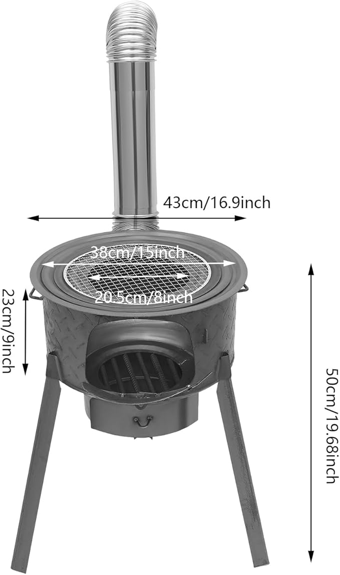 Wood Burning Stove Portable Camping Rocket Stove for Outdoor Cooking Removable Iron Firewood Stove with Grill Rack Charcoal Grill Tent Stoves for Backpacking Hiking (17in-3 Wok Rings-1)